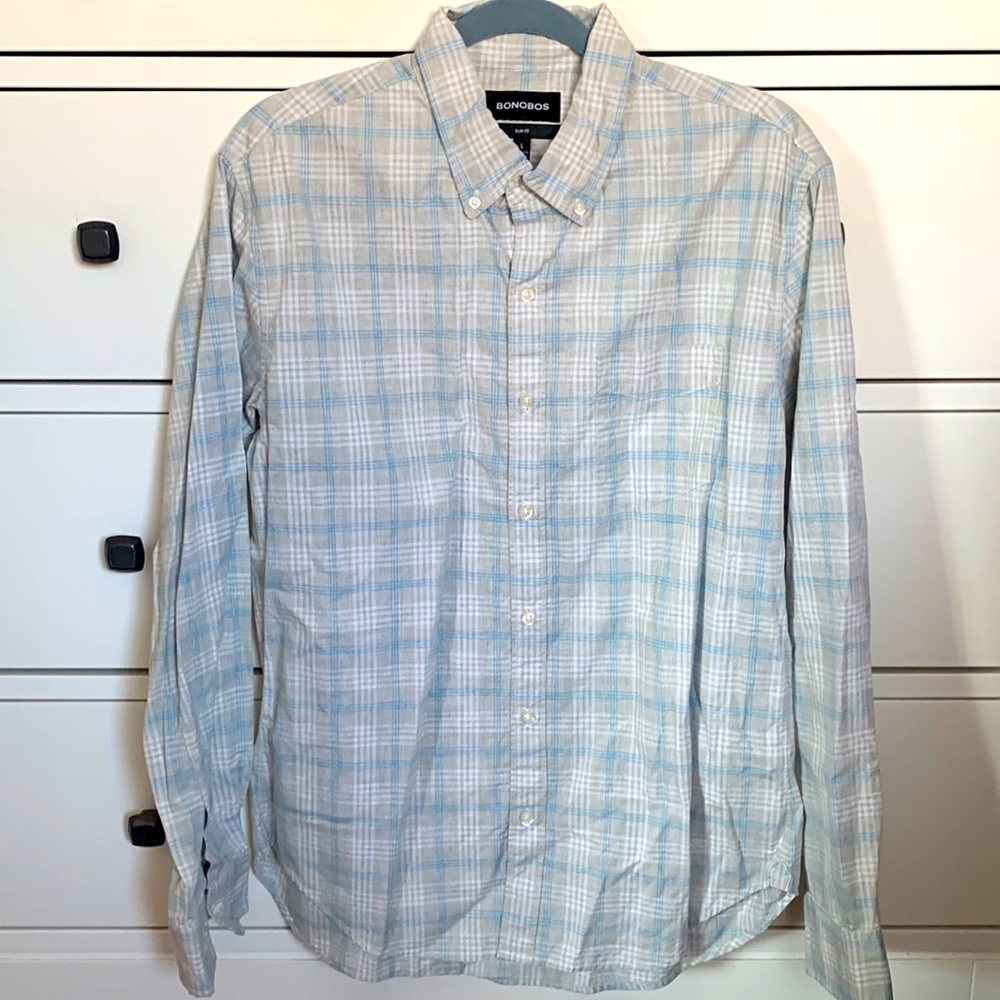 NWOT Bonobos long sleeve button down shirt gray white blue plaid size L slim fit